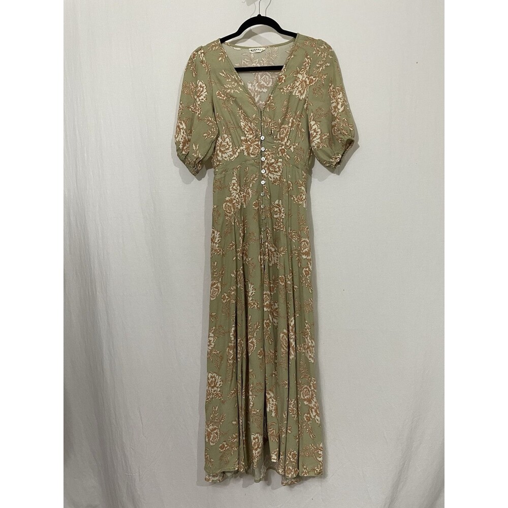 Kivari Lani Dress Midi Size Small Khaki Floral Short Sleeve Boho